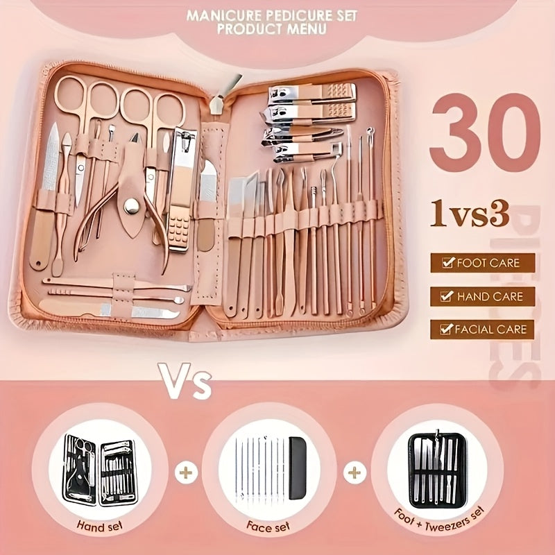 30pcs/set Nail Clippers Manicure Tool Set, With Portable Travel Case, Cuticle Nippers And Cutter Kit, Professional Nail Clippers Pedicure Kit, Grooming Kit For Travel